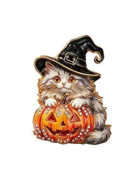 Halloween Cat Brooch With Witch Hat & Pumpkin Enamel & Crystals